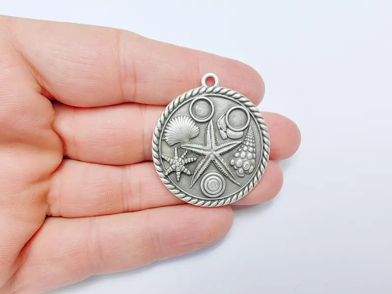 Ocean Medallion Pendant, Nautical Sea Life Charm, Beach Boho Earring Charms, Dangle Pendant, Antique Silver Plated Zamac 42x37mm G36593