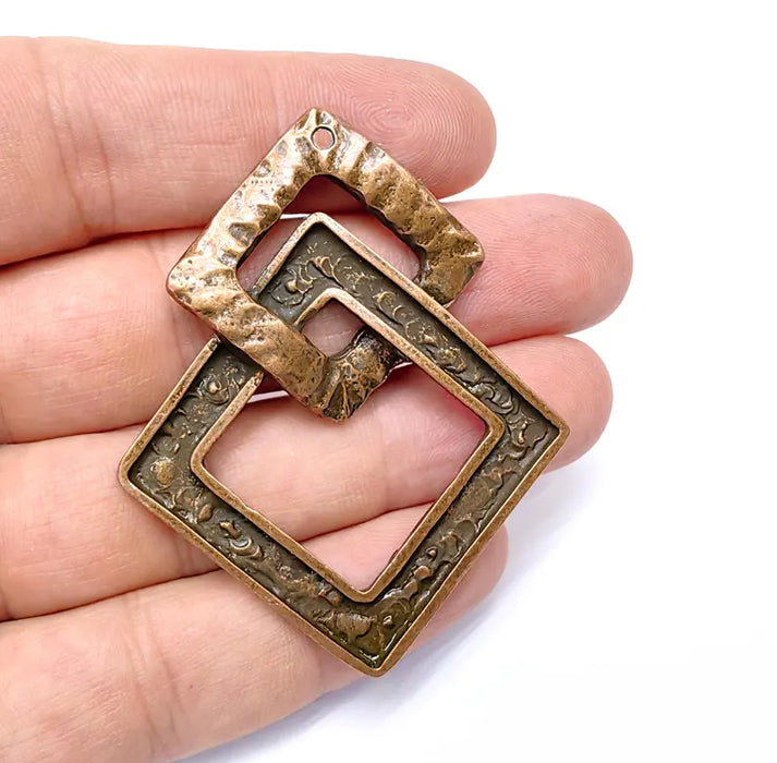 Square Dangle Charms, Boho Charms, Earring Charms, Copper Rustic Pendant, Necklace Parts, Antique Copper Plated Zamac 64x52mm G36521