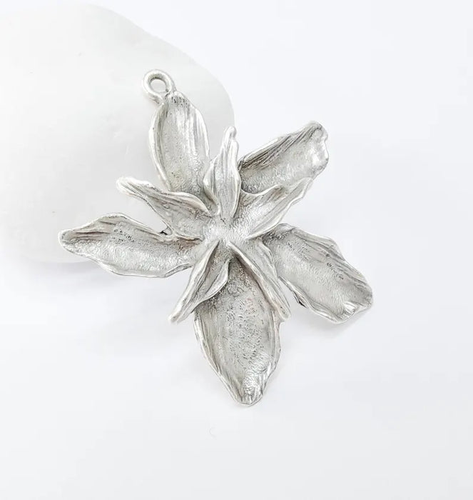 Antique Silver Flower Pendant, Earring Charms, Unique Artisan Jewelry, Nature Inspired Floral Design, Lotus Pendant 51x49mm G36411