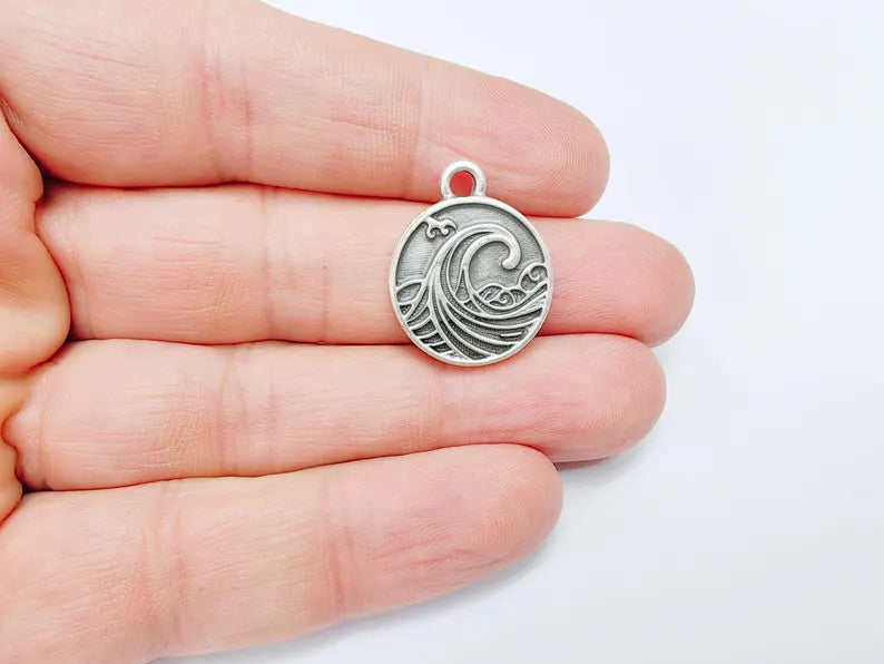 Ocean Wave Charm Pendant, Nautical Sea Life Charm, Beach Boho Earring Charms, Dangle Pendant, Antique Silver Plated Zamac 24x20mm G36596