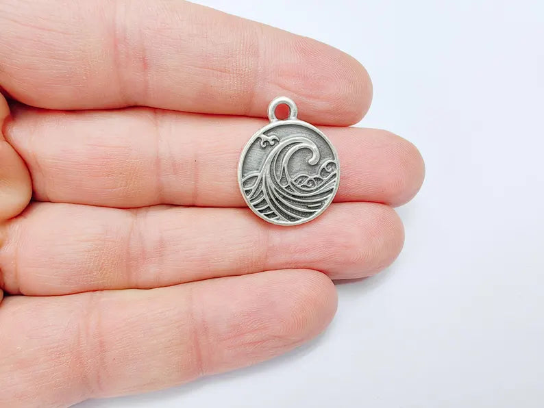 Ocean Wave Charm Pendant, Nautical Sea Life Charm, Beach Boho Earring Charms, Dangle Pendant, Antique Silver Plated Zamac 24x20mm G36596