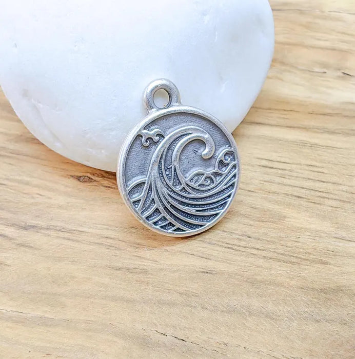 Ocean Wave Charm Pendant, Nautical Sea Life Charm, Beach Boho Earring Charms, Dangle Pendant, Antique Silver Plated Zamac 24x20mm G36596