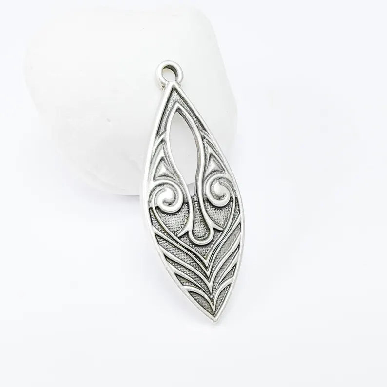 Elegant Scrollwork Pendant, Boho Charms, Earring Charms, Silver Dangle Pendant, Necklace Parts, Antique Silver Plated Zamac 51x20mm G36598