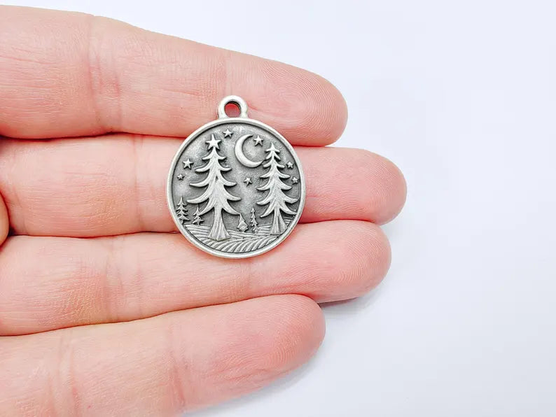 Pine Tree Forest Crescent Charms, Nature Pendant, Boho Earring Charm, Dangle Pendant, Necklace Part, Antique Silver Plated 30x26mm G36599