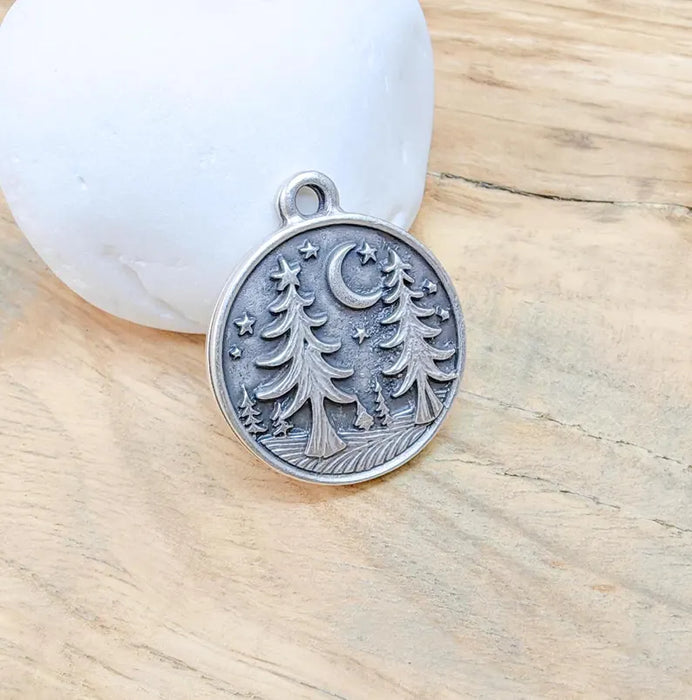 Pine Tree Forest Crescent Charms, Nature Pendant, Boho Earring Charm, Dangle Pendant, Necklace Part, Antique Silver Plated 30x26mm G36599