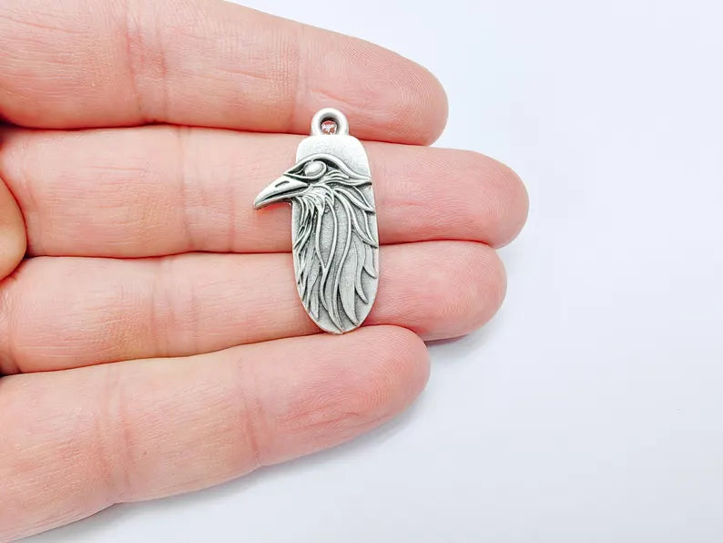 2 Raven Charm Pendant, Gothic Boho Charm, Nature Earring Charm, Mystical Crow Bird, Necklace Parts, Antique Silver Plated Zamac 32x17mm G36600