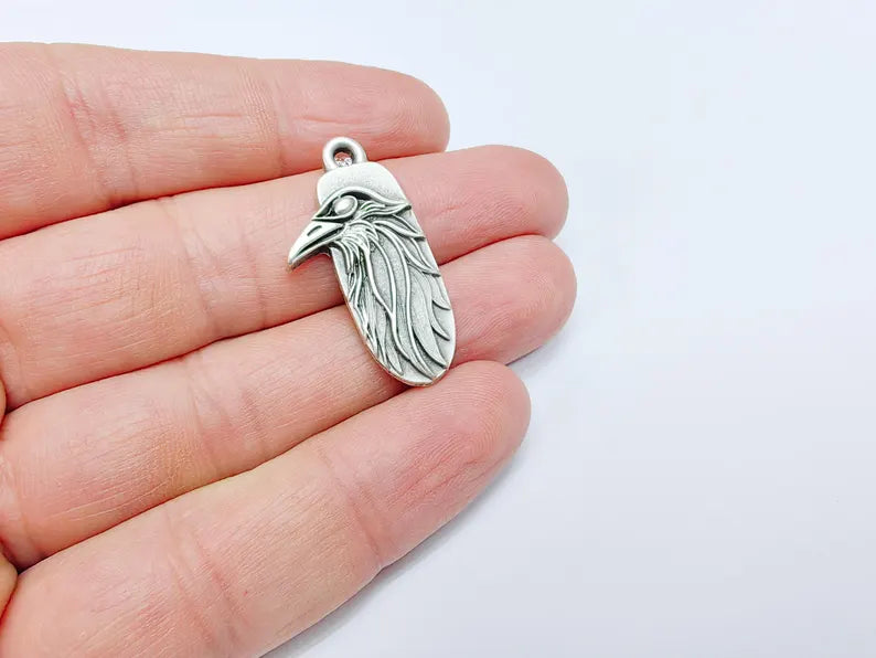 2 Raven Charm Pendant, Gothic Boho Charm, Nature Earring Charm, Mystical Crow Bird, Necklace Parts, Antique Silver Plated Zamac 32x17mm G36600