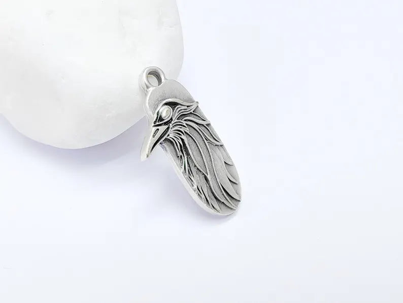 2 Raven Charm Pendant, Gothic Boho Charm, Nature Earring Charm, Mystical Crow Bird, Necklace Parts, Antique Silver Plated Zamac 32x17mm G36600