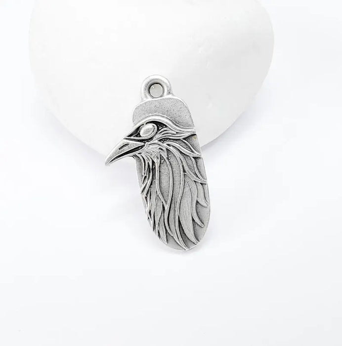 2 Raven Charm Pendant, Gothic Boho Charm, Nature Earring Charm, Mystical Crow Bird, Necklace Parts, Antique Silver Plated Zamac 32x17mm G36600