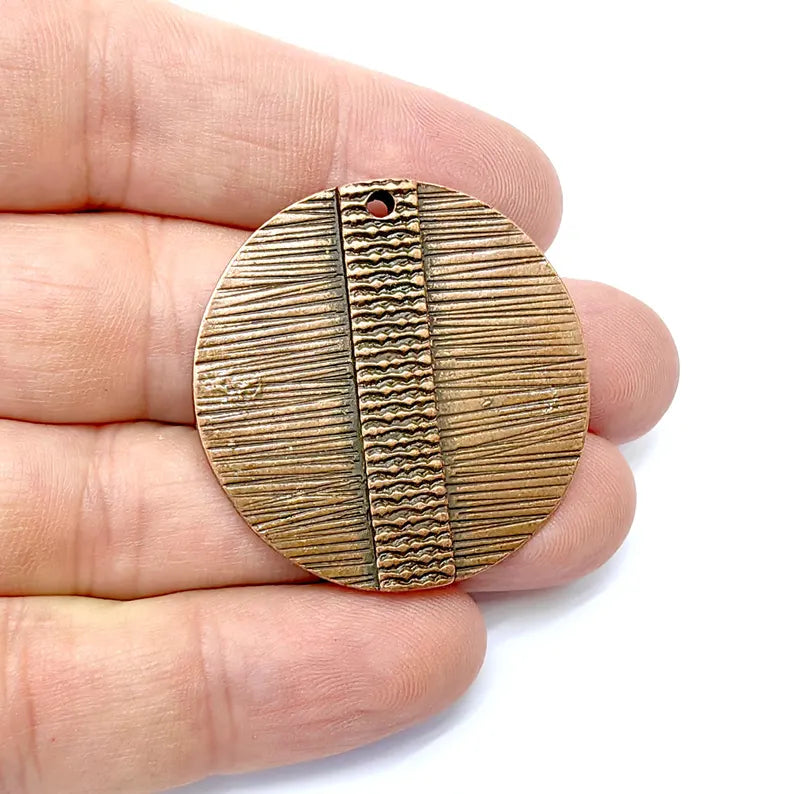 Textured Round Pendant, Boho Charms, Earring Charms, Copper Dangle Pendant, Necklace Parts, Antique Copper Plated Zamac 38mm G36539