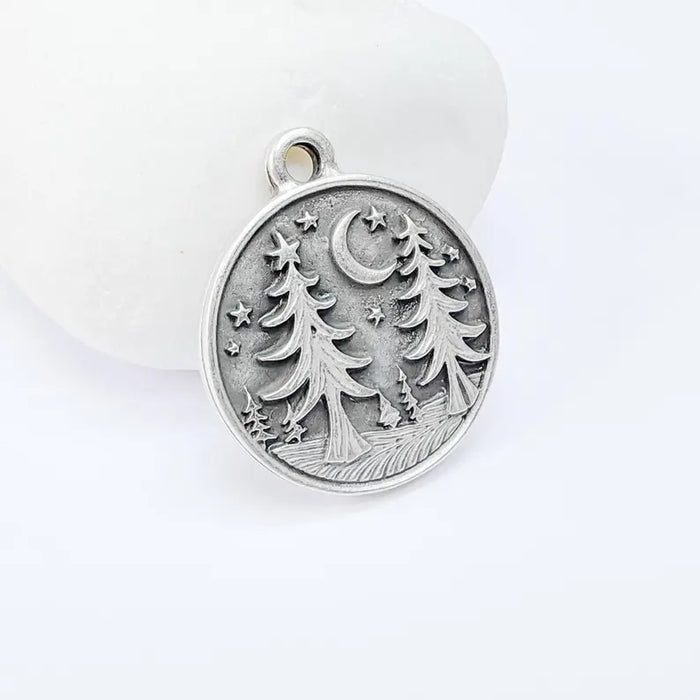 Pine Tree Forest Crescent Charms, Nature Pendant, Boho Earring Charm, Dangle Pendant, Necklace Part, Antique Silver Plated 30x26mm G36599