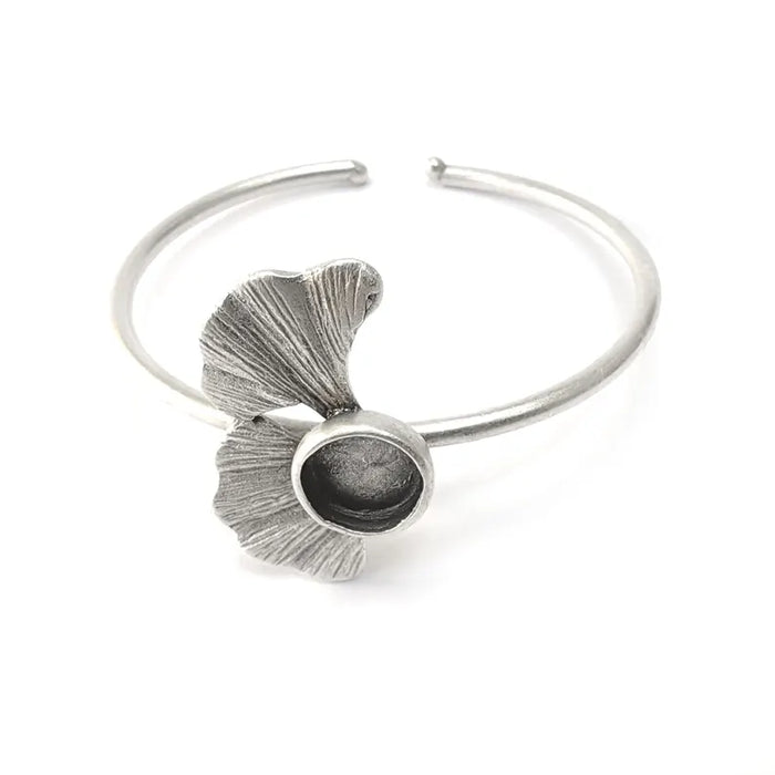 Silver Ginkgo Bracelet, Bar Cuff, Bangle Bezel, Resin Blank, Wristband Cabochon Base, Adjustable Antique Silver Brass (10mm) G36549