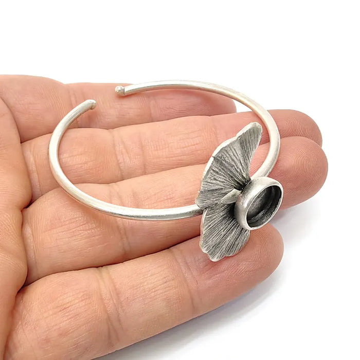 Silver Ginkgo Bracelet, Bar Cuff, Bangle Bezel, Resin Blank, Wristband Cabochon Base, Adjustable Antique Silver Brass (10mm) G36549