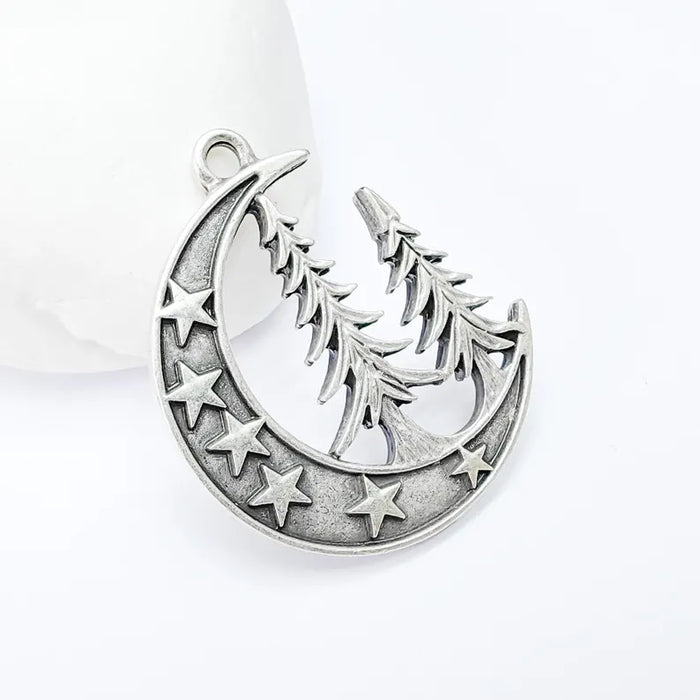 Moon Star and Pine Tree Pendant, Boho Charm, Earring Charm, Dangle Pendant, Necklace Parts, Antique Silver Plated Zamac 40x30mm G36555