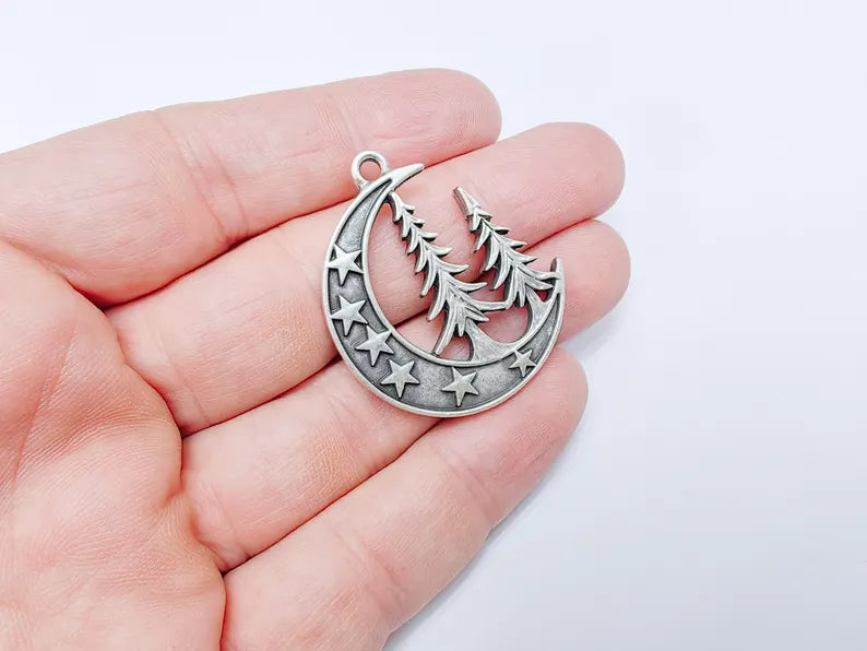 Moon Star and Pine Tree Pendant, Boho Charm, Earring Charm, Dangle Pendant, Necklace Parts, Antique Silver Plated Zamac 40x30mm G36555