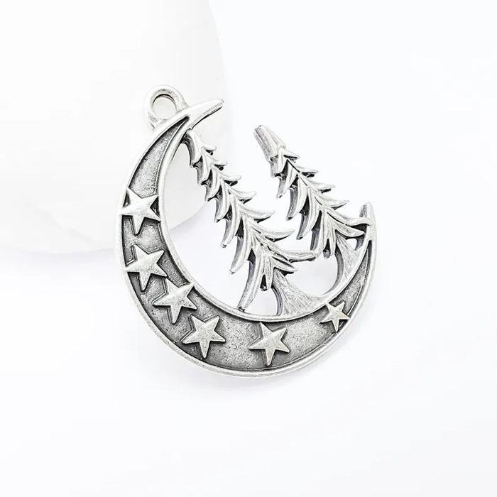 Moon Star and Pine Tree Pendant, Boho Charm, Earring Charm, Dangle Pendant, Necklace Parts, Antique Silver Plated Zamac 40x30mm G36555