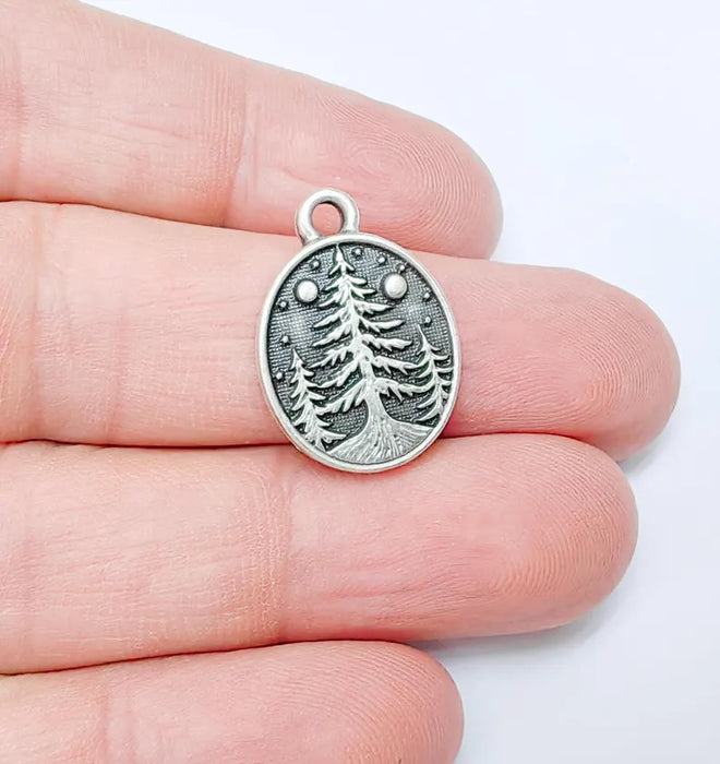 2 Pine Tree Forest Stars Charms, Nature Pendant Boho Earring Charms, Dangle Pendant, Necklace Part, Antique Silver Plated Zamac 23x16mm G36558