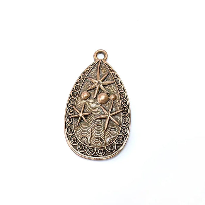 Nautical Charms, Starfish and Wave Detailed Boho Necklace Charm, Ocean-Themed Antique Copper Drop Pendant, 44x25mm Earring Charms G36559