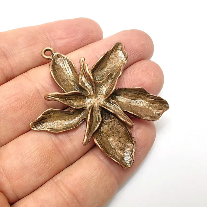 Antique Copper Flower Pendant, Earring Charms, Unique Artisan Jewelry, Nature Inspired Floral Design, Lotus Pendant 51x49mm G36561