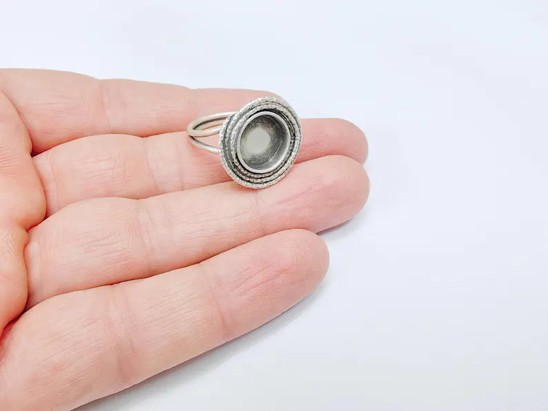 Silver Ring Setting, Cabochon Blank, Resin Bezel, Round Ring Mounting, Epoxy Frame Base, Adjustable Antique Silver Plated Brass 12mm G36603