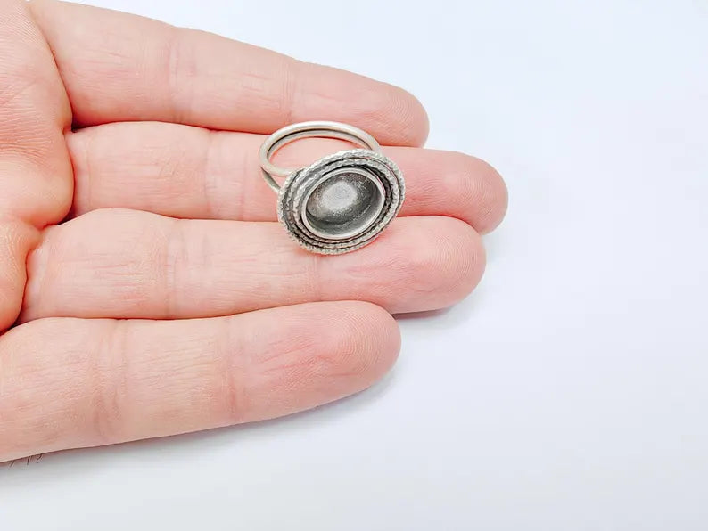 Silver Ring Setting, Cabochon Blank, Resin Bezel, Round Ring Mounting, Epoxy Frame Base, Adjustable Antique Silver Plated Brass 12mm G36603