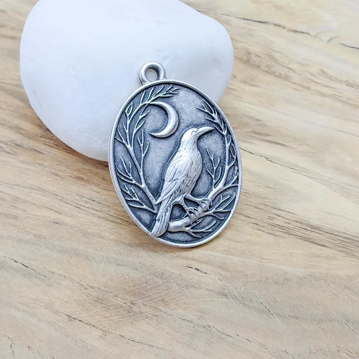 Raven and Moon Charm Pendant, Gothic Boho Charm, Nature Earring Charm, Mystical Bird, Necklace Parts, Antique Silver Plated 40x28mm G36609