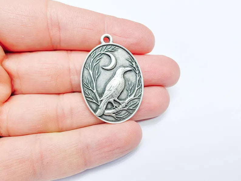 Raven and Moon Charm Pendant, Gothic Boho Charm, Nature Earring Charm, Mystical Bird, Necklace Parts, Antique Silver Plated 40x28mm G36609