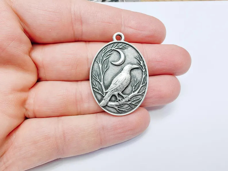 Raven and Moon Charm Pendant, Gothic Boho Charm, Nature Earring Charm, Mystical Bird, Necklace Parts, Antique Silver Plated 40x28mm G36609