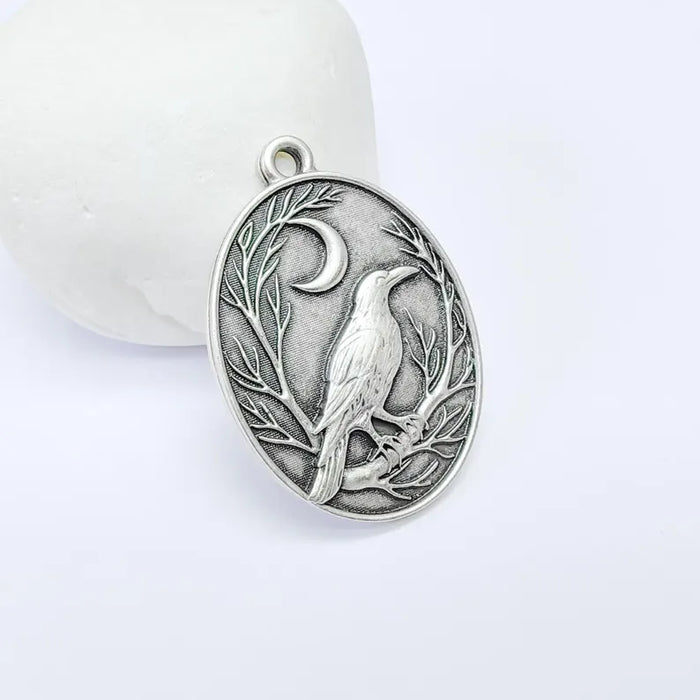 Raven and Moon Charm Pendant, Gothic Boho Charm, Nature Earring Charm, Mystical Bird, Necklace Parts, Antique Silver Plated 40x28mm G36609