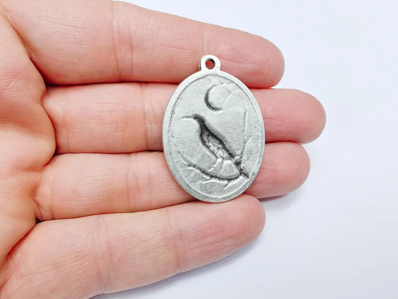 Raven and Moon Charm Pendant, Gothic Boho Charm, Nature Earring Charm, Mystical Bird, Necklace Parts, Antique Silver Plated 40x28mm G36609