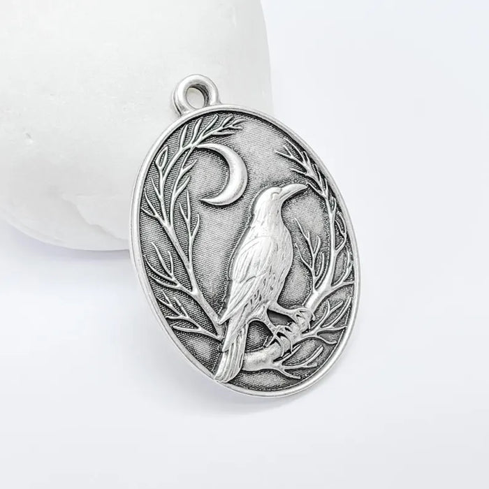 Raven and Moon Charm Pendant, Gothic Boho Charm, Nature Earring Charm, Mystical Bird, Necklace Parts, Antique Silver Plated 40x28mm G36609