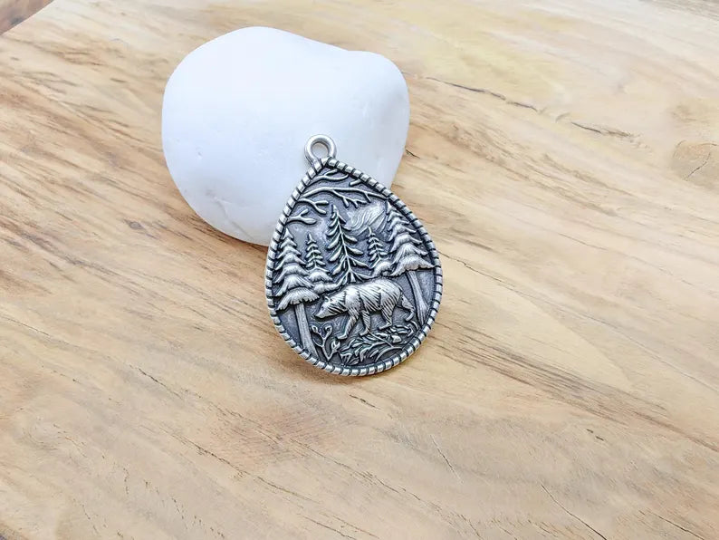 Bear and Forest Pendant Charm, Boho Charm, Nature Earring Charm, Wild Nature Necklace Parts, Antique Silver Plated 42x31mm G36610