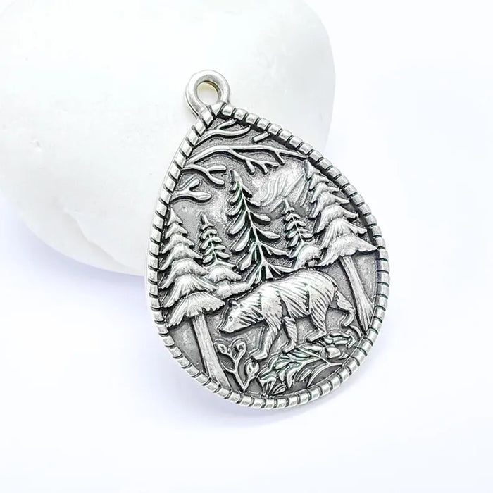 Bear and Forest Pendant Charm, Boho Charm, Nature Earring Charm, Wild Nature Necklace Parts, Antique Silver Plated 42x31mm G36610