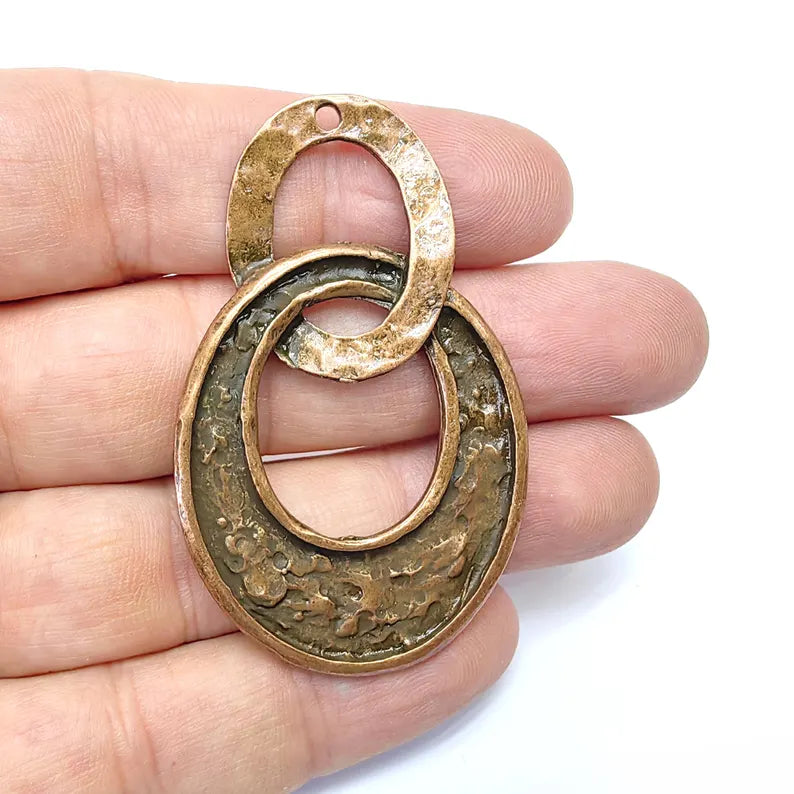 Hammered Dangle Charms, Boho Charms, Earring Charms, Copper Rustic Pendant, Necklace Parts, Antique Copper Plated 59x37mm G36565