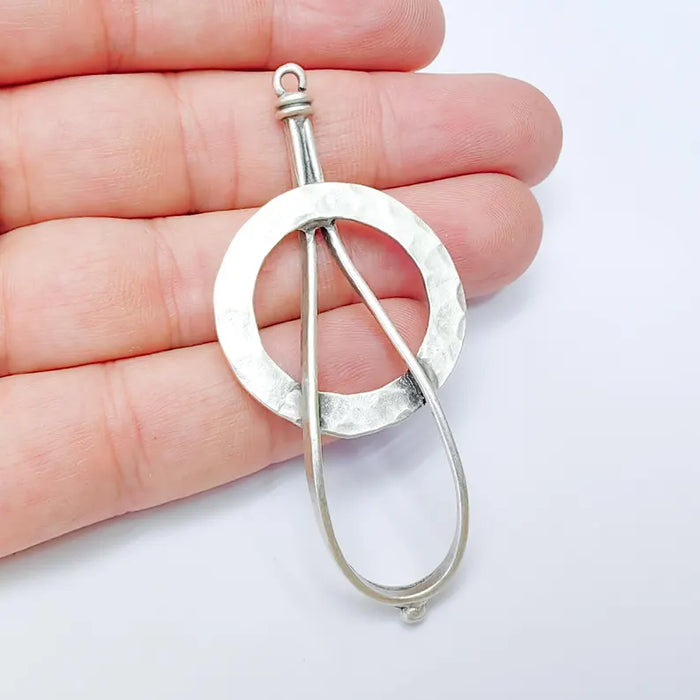 Modern Abstract Hammered Circle Pendant, Earring Dangle Charm, Boho Pendant, Necklace Parts, Antique Silver Plated Zamac 73x32mm G36474