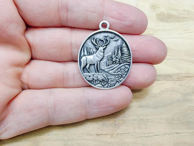 Deer and Forest Pendant Charm, Boho Charm, Nature Earring Charm, Wild Nature Necklace Parts, Antique Silver Plated 37x29mm G36612