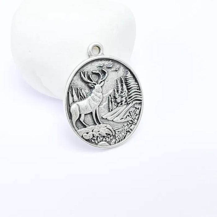 Deer and Forest Pendant Charm, Boho Charm, Nature Earring Charm, Wild Nature Necklace Parts, Antique Silver Plated 37x29mm G36612