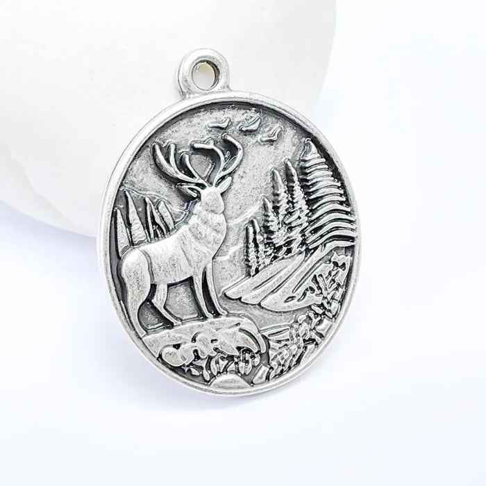 Deer and Forest Pendant Charm, Boho Charm, Nature Earring Charm, Wild Nature Necklace Parts, Antique Silver Plated 37x29mm G36612