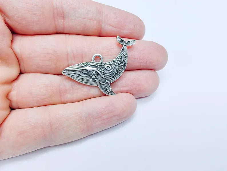 Whale Charm, Whale Pendant, Nautical Boho Charm, Earring Charms, Ocean Dangle Pendant, Mystic Whale, Antique Silver Plated 40x24mm G36613