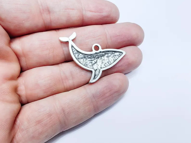 Whale Charm, Whale Pendant, Nautical Boho Charm, Earring Charms, Ocean Dangle Pendant, Mystic Whale, Antique Silver Plated 40x24mm G36613