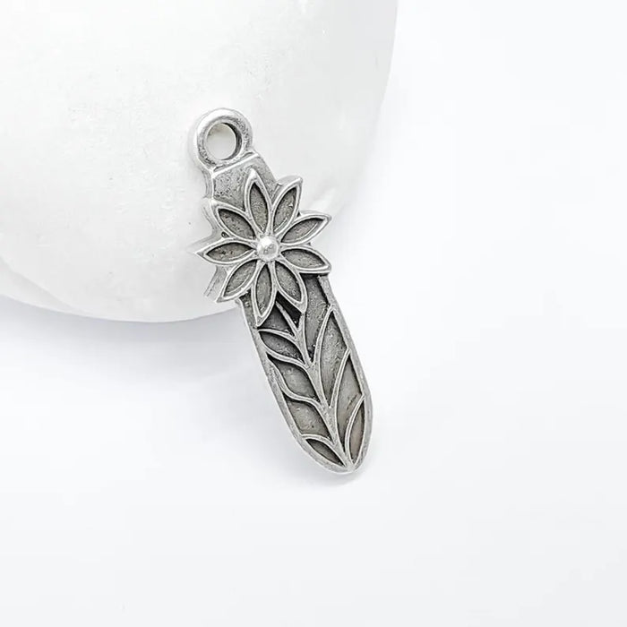 2 Flower Charms, Floral Pendant, Herb Earring Charms, Dangle Pendant, Necklace Part, Antique Silver Plated 31x11mm G36614