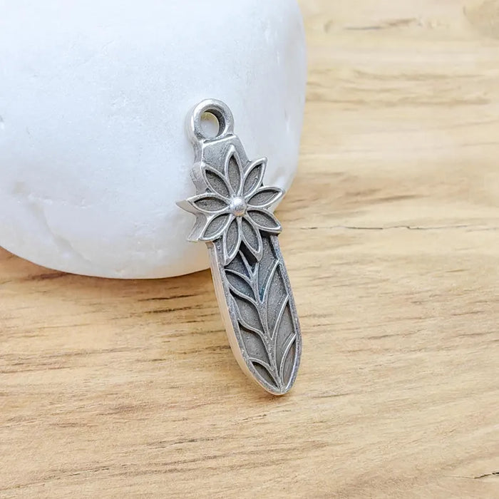 2 Flower Charms, Floral Pendant, Herb Earring Charms, Dangle Pendant, Necklace Part, Antique Silver Plated 31x11mm G36614