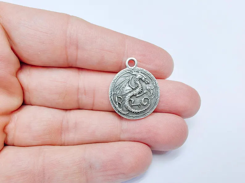 Dragon Charm, Bohemian Pendant, Mystical and Fantasy Charm, Mystic Earring Charm, Gothic Pendant, Antique Silver Plated 26x22mm G36615