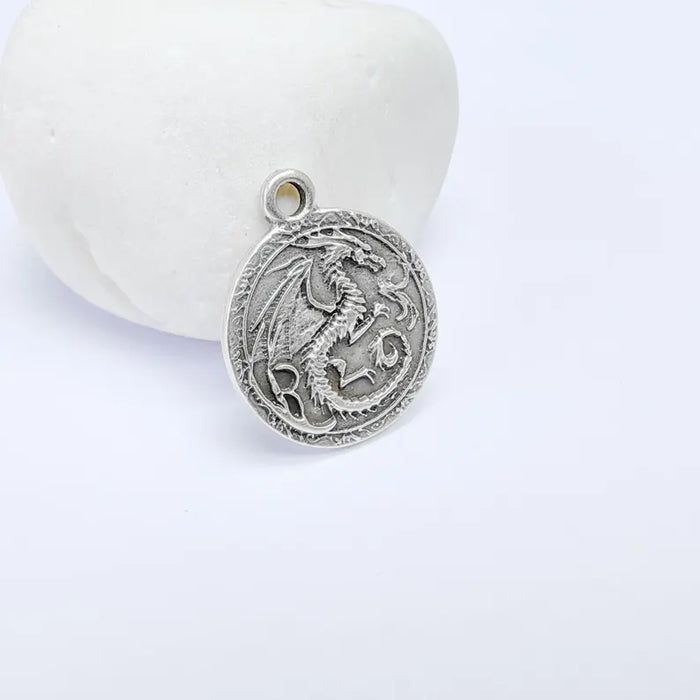 Dragon Charm, Bohemian Pendant, Mystical and Fantasy Charm, Mystic Earring Charm, Gothic Pendant, Antique Silver Plated 26x22mm G36615