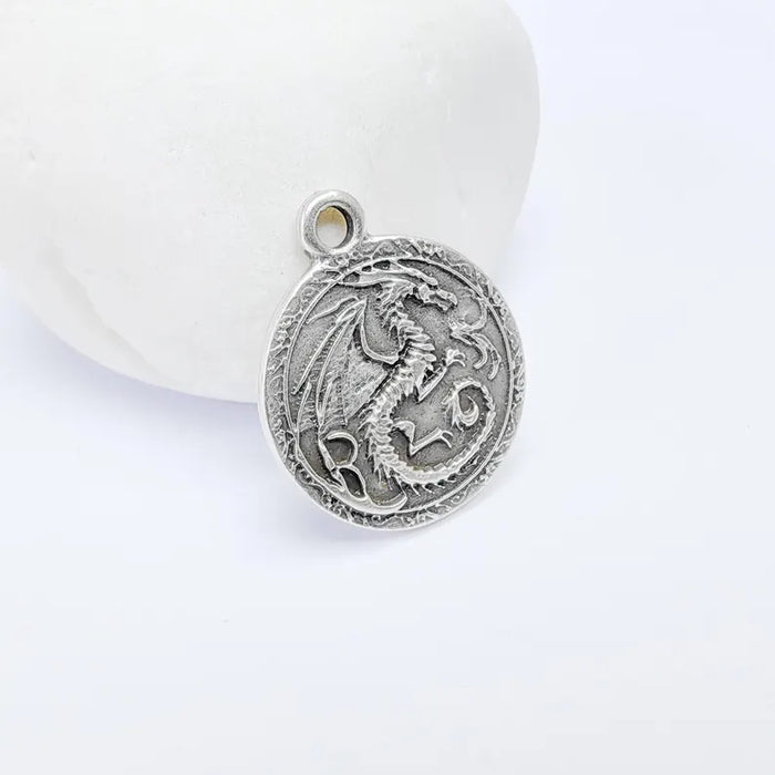 Dragon Charm, Bohemian Pendant, Mystical and Fantasy Charm, Mystic Earring Charm, Gothic Pendant, Antique Silver Plated 26x22mm G36615