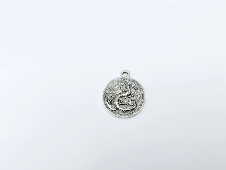 Dragon Charm, Bohemian Pendant, Mystical and Fantasy Charm, Mystic Earring Charm, Gothic Pendant, Antique Silver Plated 26x22mm G36615