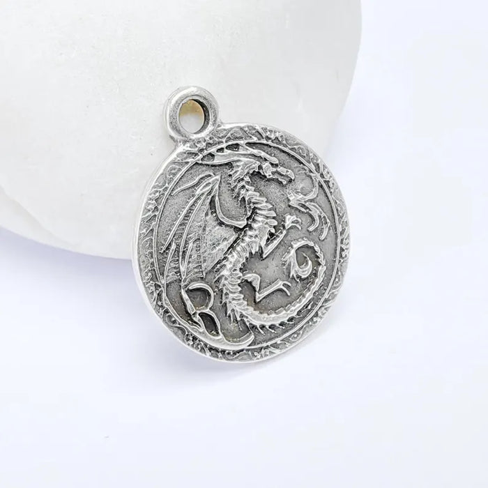 Dragon Charm, Bohemian Pendant, Mystical and Fantasy Charm, Mystic Earring Charm, Gothic Pendant, Antique Silver Plated 26x22mm G36615