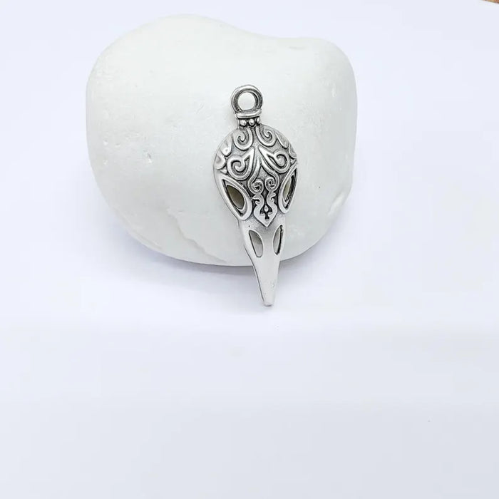 2 Raven Skull Charm Pendant, Gothic Boho Charm, Earring Charm, Mystical Bird, Necklace Parts, Antique Silver Plated 34x12mm G36618