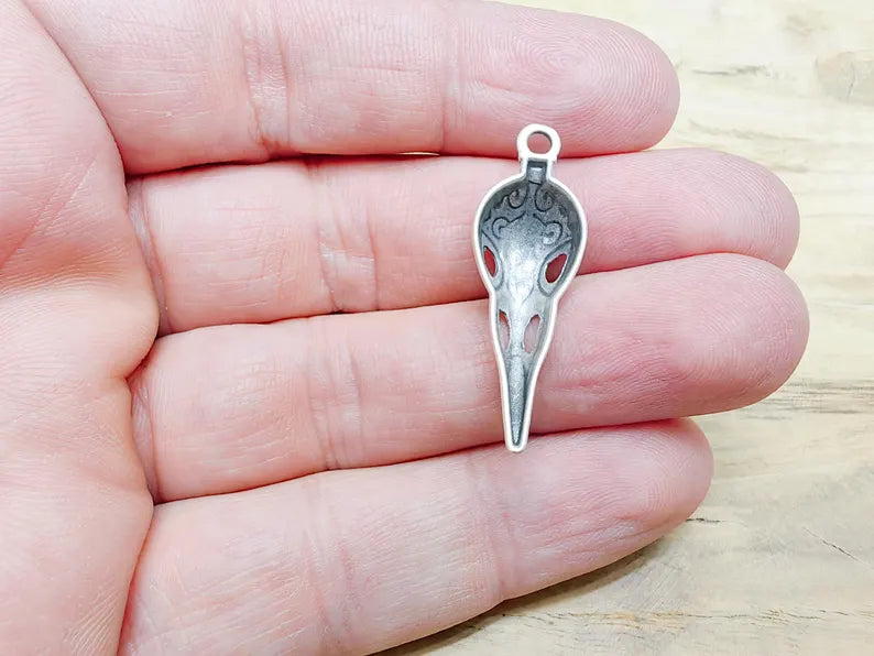 2 Raven Skull Charm Pendant, Gothic Boho Charm, Earring Charm, Mystical Bird, Necklace Parts, Antique Silver Plated 34x12mm G36618