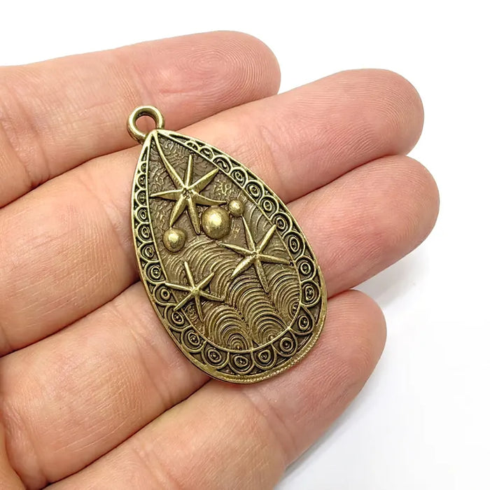 Nautical Charms, Starfish and Wave Detailed Boho Necklace Charm, Ocean-Themed Antique Bronze Drop Pendant, 44x25mm Earring Charms G36570